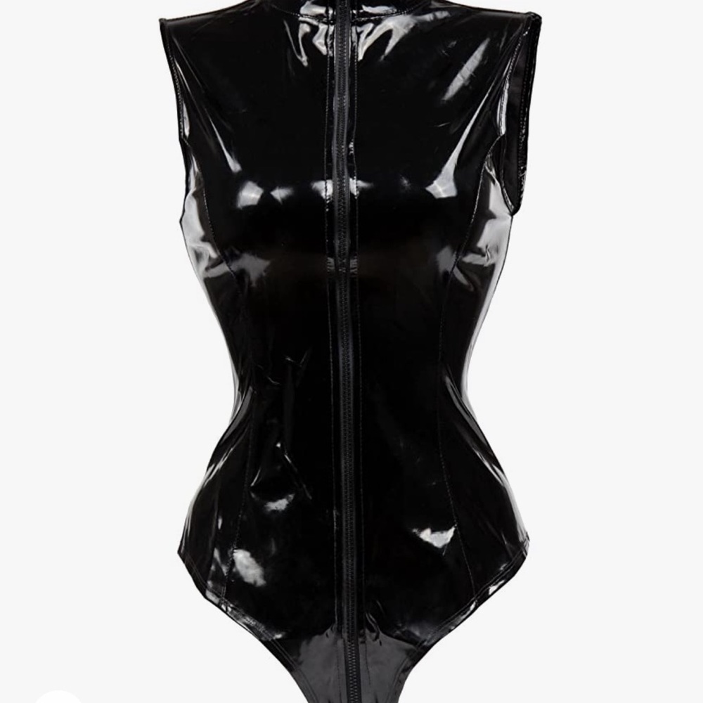 Black patent leather body zip suit